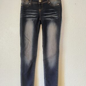 Almost Famous Women's Skinny Jeans - Blue Acid Wash Ripple Look Great Shape